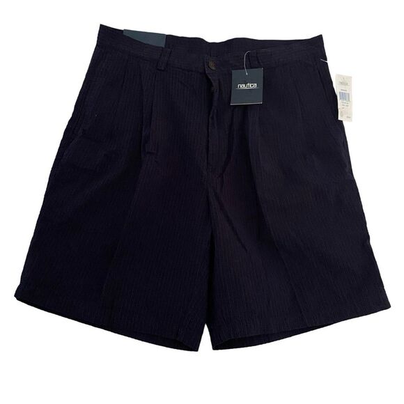 NWT Nautica Seersucker‎ Striped Shorts Rigger Double Reverse Pleats Sz 36 Navy - Picture 2 of 8